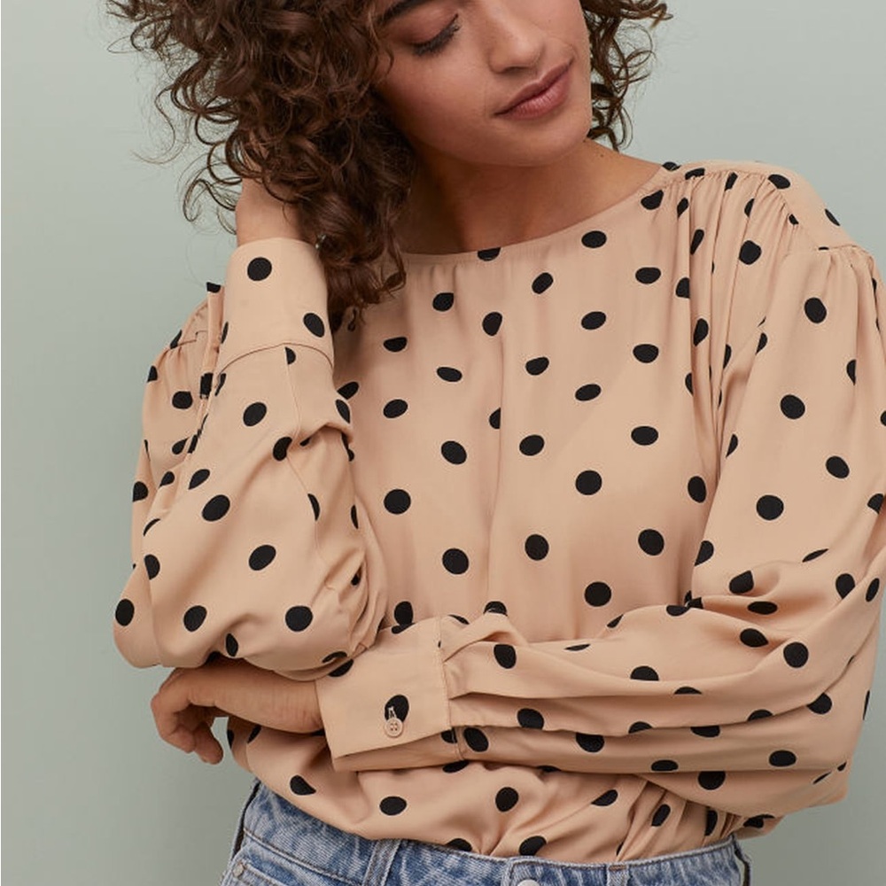 NWT H&M Polka Dot Tan Long Sleeve Blouse Top XL